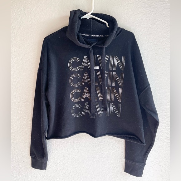 Calvin Klein Jeans Womens Black Crop Rhinestone Hoodie Size M - Picture 2 of 13
